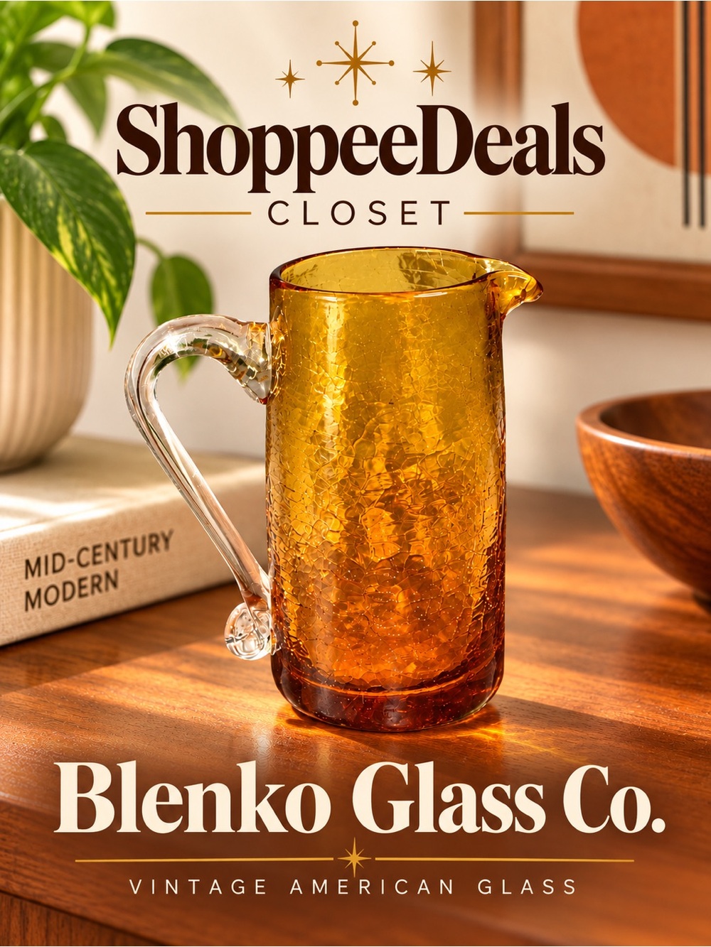 Vintage Amber Crackle Glass Mini Pitcher / Creamer Mid-Century Modern